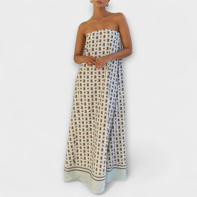 Hazel - Einzigartiges Off-Shoulder-Maxi-Kleid mit geometrischem Design