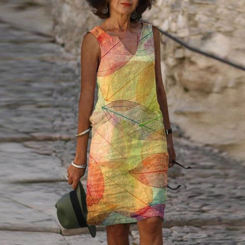 Ärmelloses Midikleid für Damen mit Blätterprint