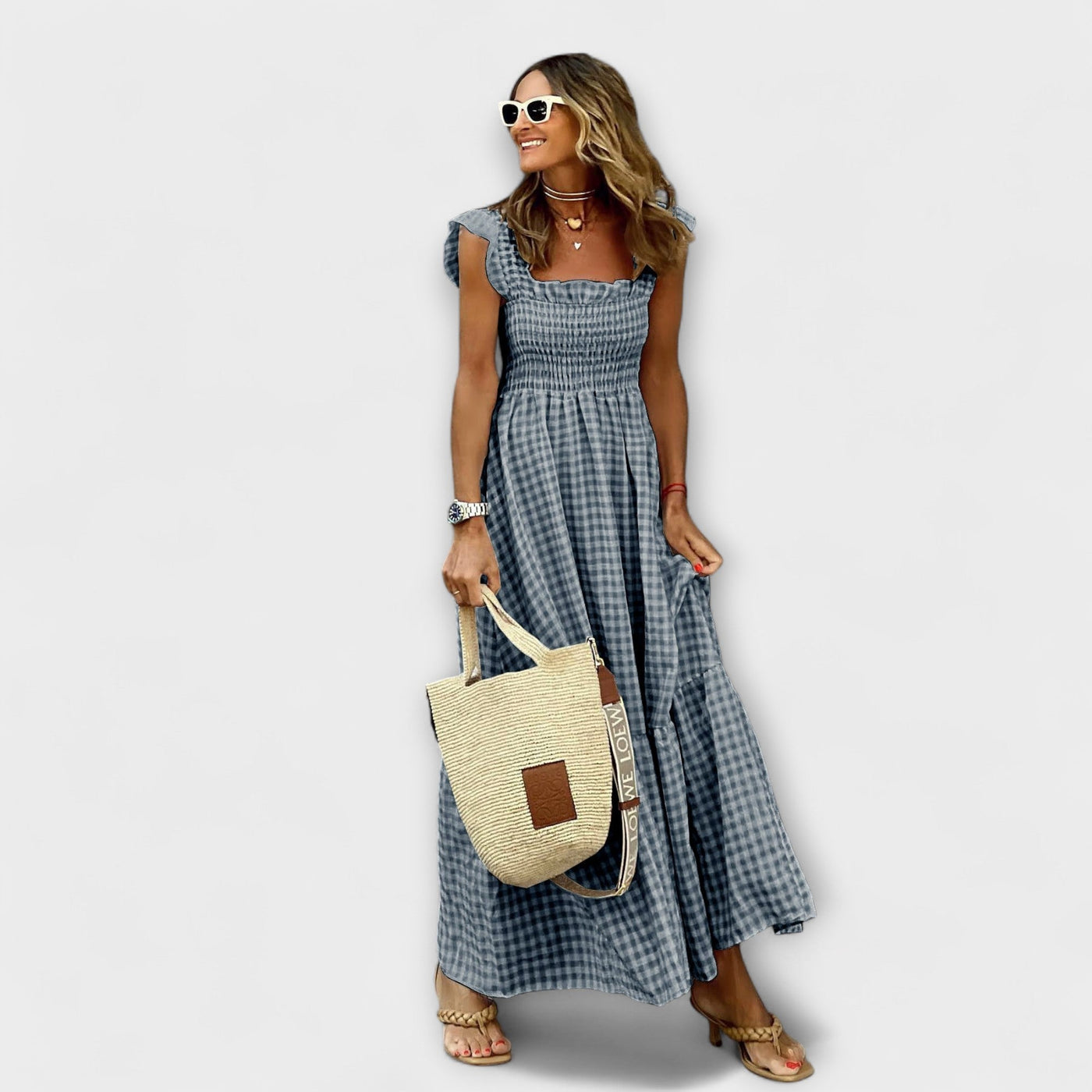 Karierter Maxikleid mit Rüschendetails an den Ärmeln