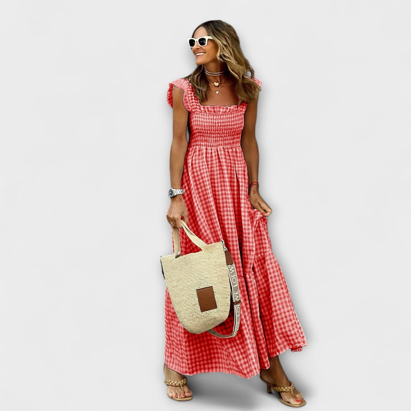 Karierter Maxikleid mit Rüschendetails an den Ärmeln