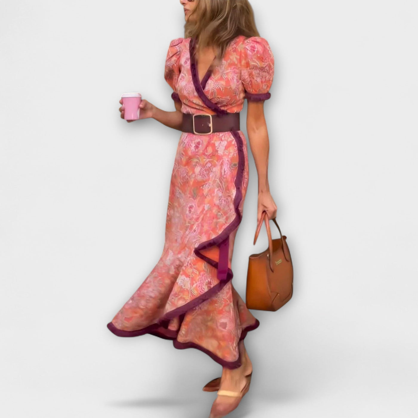 Elegantes Pinkes Maxi-Kleid mit kurzen Ärmeln
