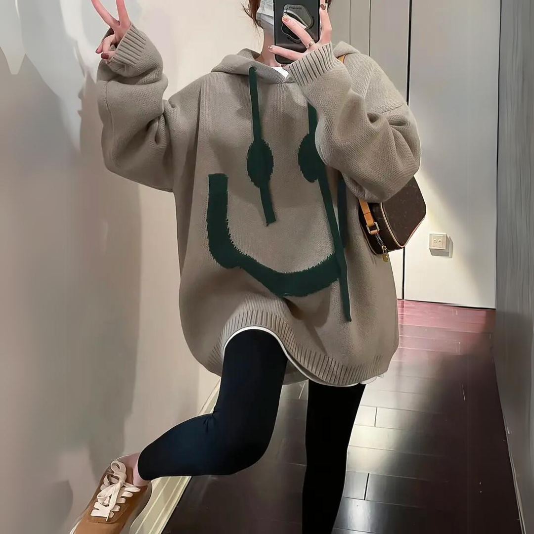 Bedruckter Smiley-Kapuzenpullover in Übergröße für Damen