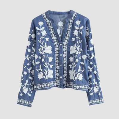 Bohemian Damen Strickjacke mit eleganter Blumenstickerei - Vaenithea