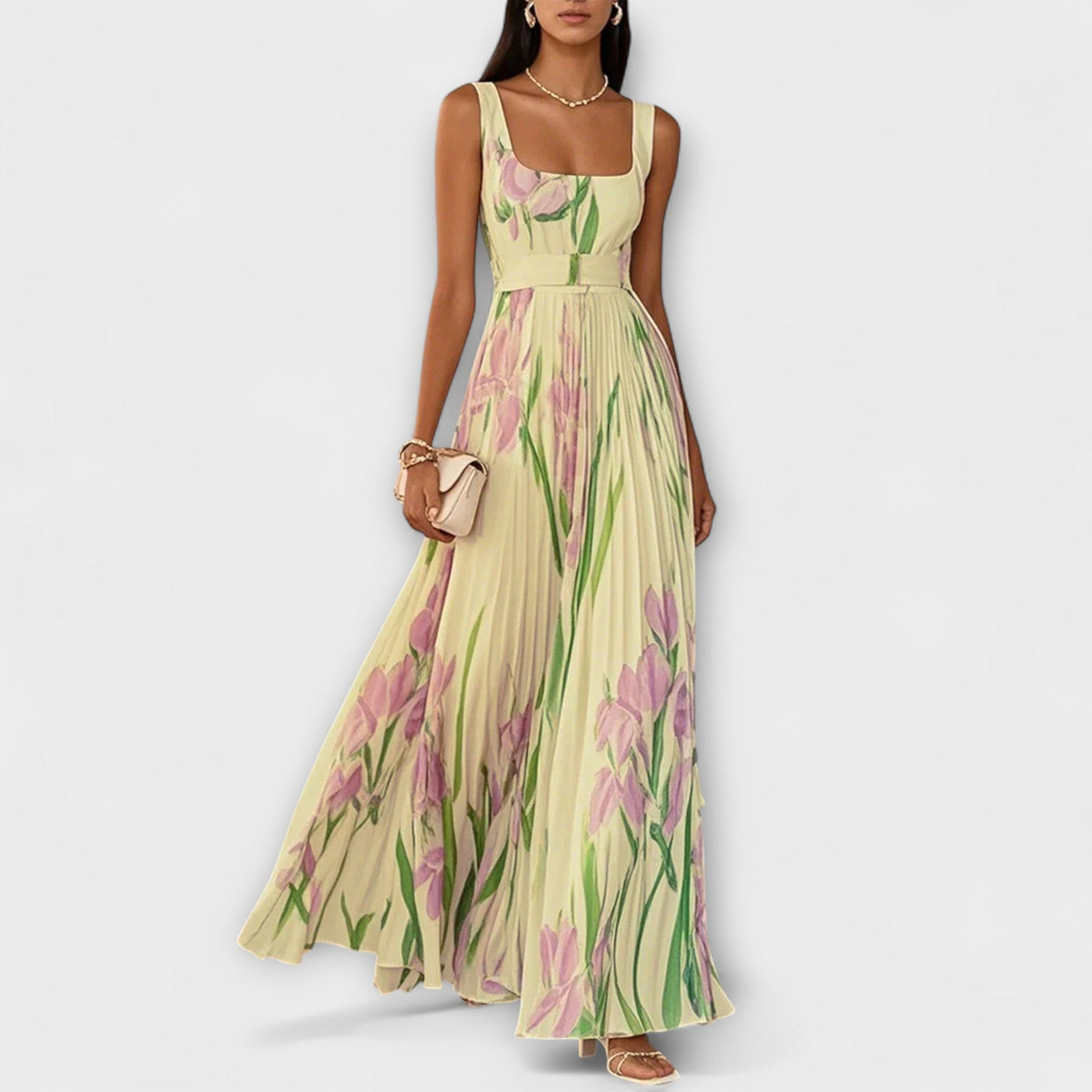 Faltenmaxikleid aus Chiffon mit Blumenmuster