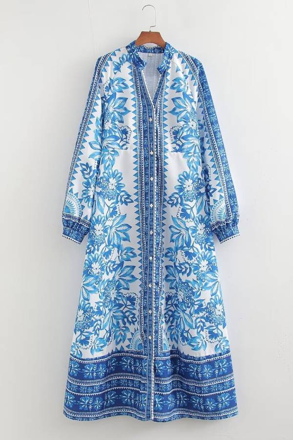 Elke | Bedrucktes langärmeliges Maxikleid