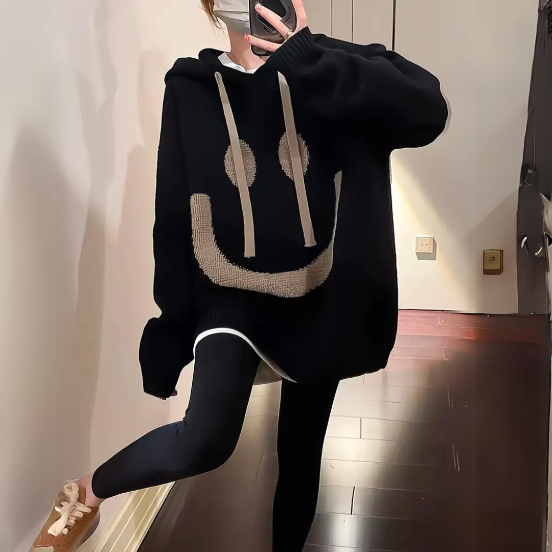 Bedruckter Smiley-Kapuzenpullover in Übergröße für Damen