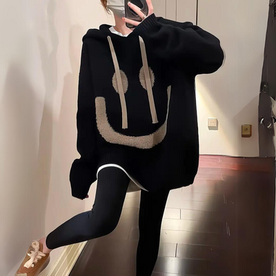 Bedruckter Smiley-Kapuzenpullover in Übergröße für Damen