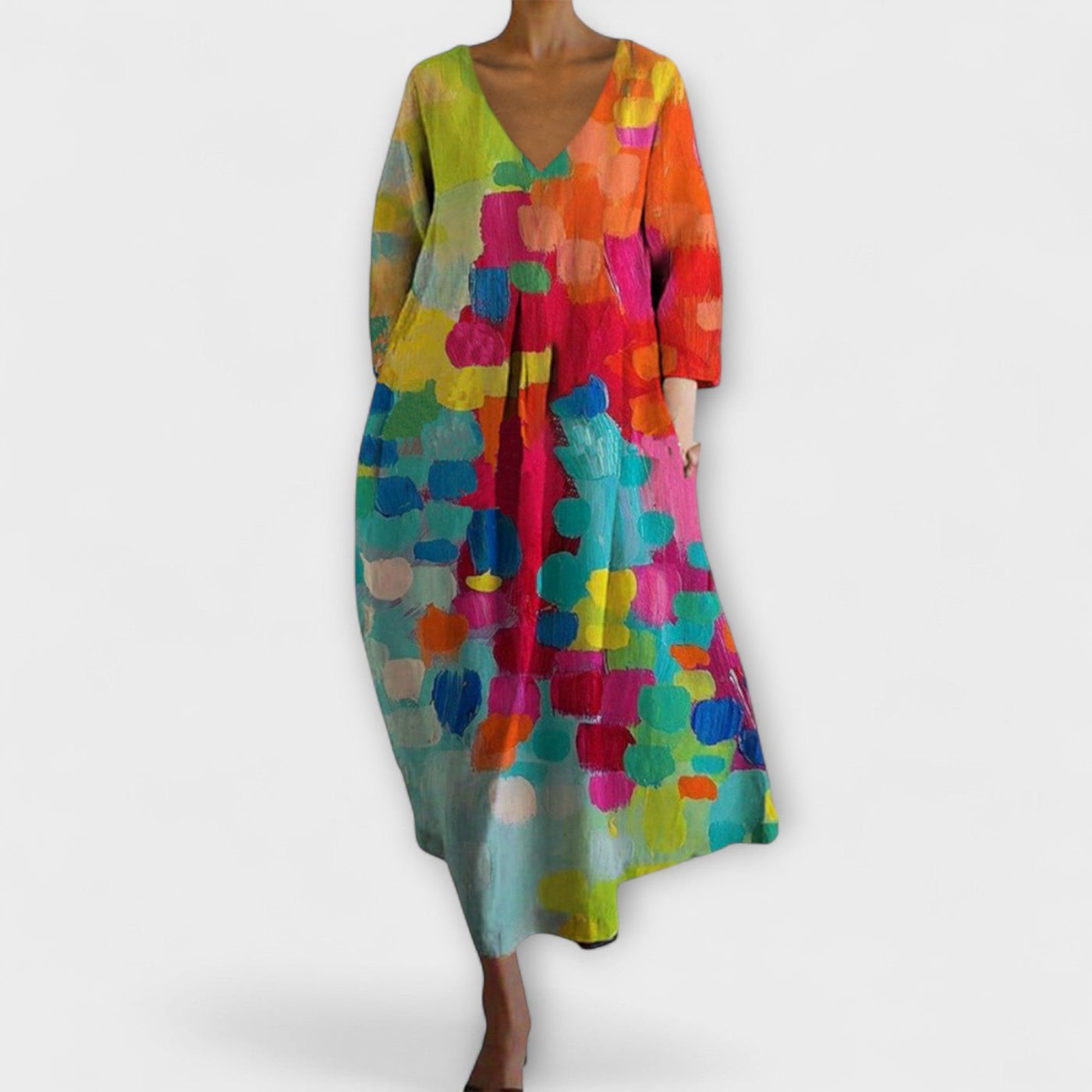 Fiona - Langes, Buntes Kleid mit V-Ausschnitt