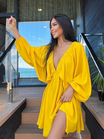 Aori – Boho-Minikleid mit langen Ärmeln und V-Ausschnitt