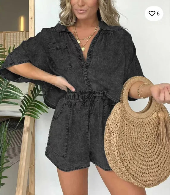 Ivalyn | Retro-inspiriertes Denim-Top und Hosen-Set