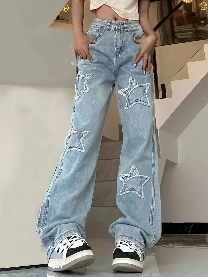 Baggy-Jeans mit Sternen-Design für Damen | Hohe Taille