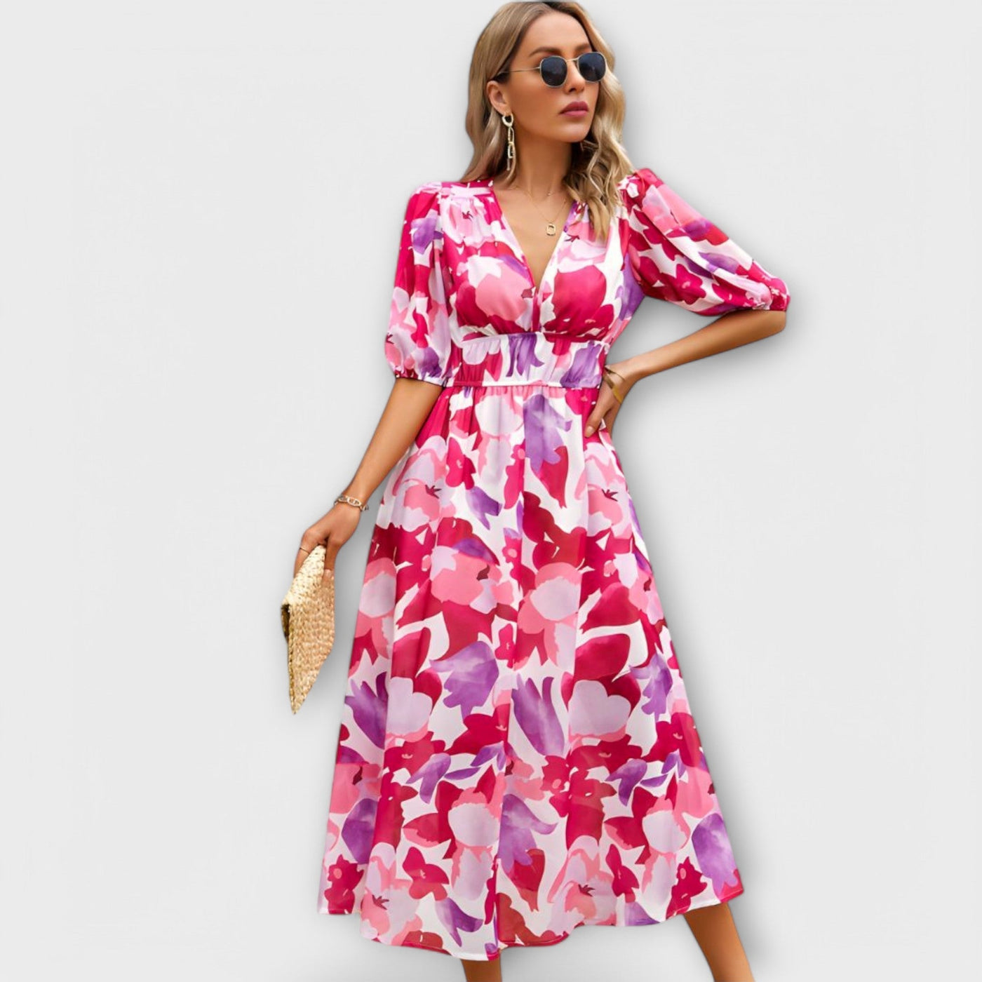 Maxikleid mit Ballonärmeln im abstrakten Design