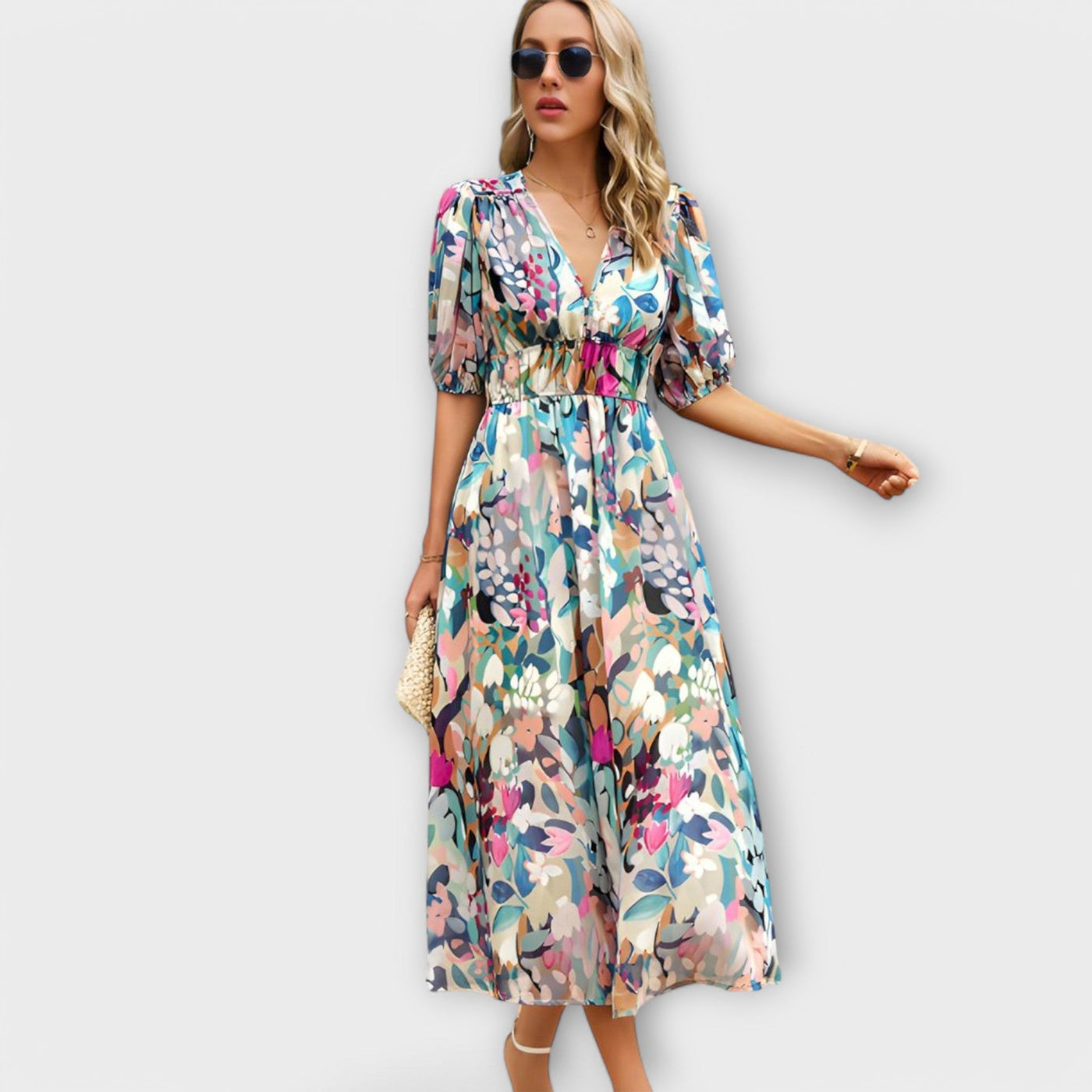 Maxikleid mit Ballonärmeln im abstrakten Design