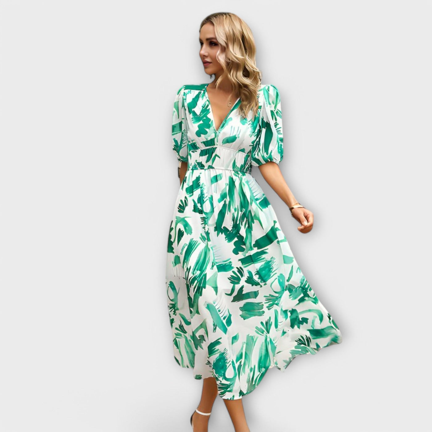 Maxikleid mit Ballonärmeln im abstrakten Design