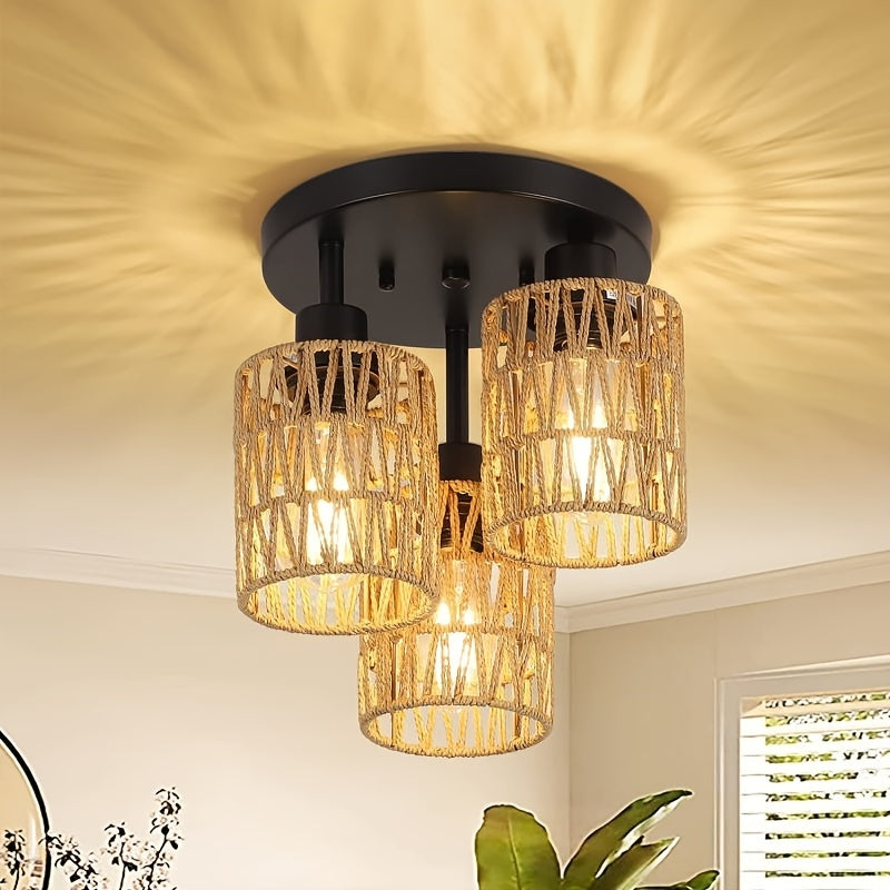 Amansour Boho Chic 3-Flammen Rattan Deckenleuchte