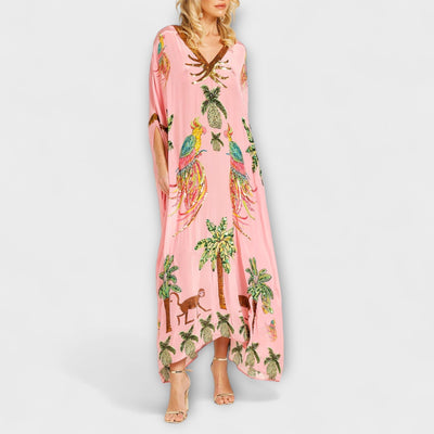 Linda - Elegantes Kleid mit asymmetrischen Schultern und Kokosnussbaum-Muster