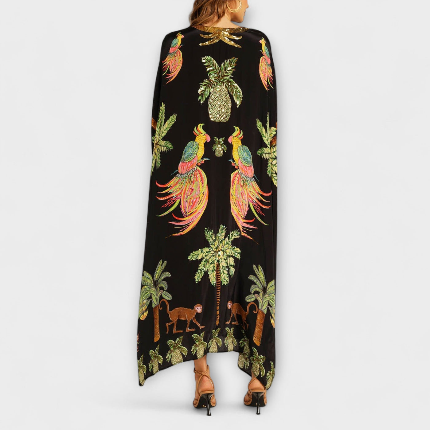 Linda - Elegantes Kleid mit asymmetrischen Schultern und Kokosnussbaum-Muster