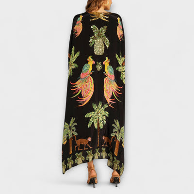 Linda - Elegantes Kleid mit asymmetrischen Schultern und Kokosnussbaum-Muster