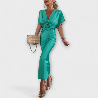 Sable - V-Ausschnitt Maxikleid mit Kreuzknoten und figurbetonter Passform aus hochwertigem Satin