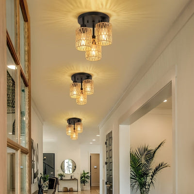 Amansour Boho Chic 3-Flammen Rattan Deckenleuchte