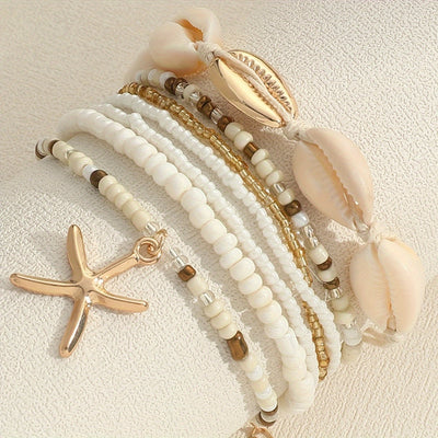 Boho-Chic 7-teiliges Perlenarmband-Set mit Muschel- & Seestern-Anhängern – Perfekt