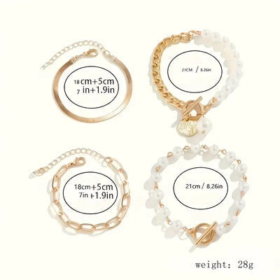 Elegantes 4-teiliges Armbandset in Gold – Schlange, Perlen & Glieder