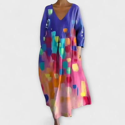 Fiona - Langes, Buntes Kleid mit V-Ausschnitt