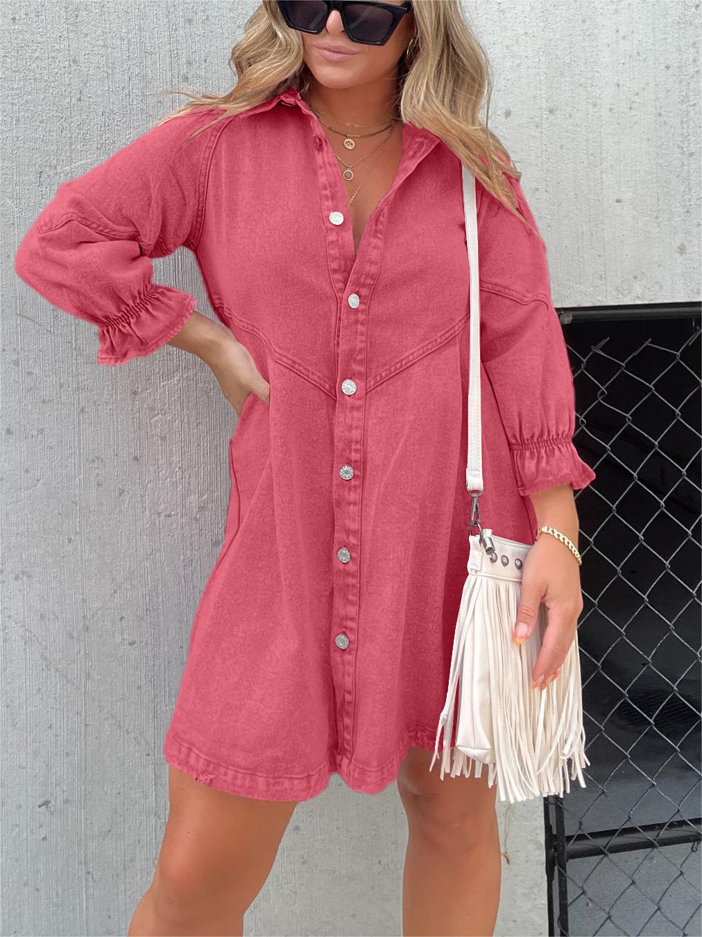 Nola | Stilvolles Denim-Midi-Kleid mit Umlegekragen