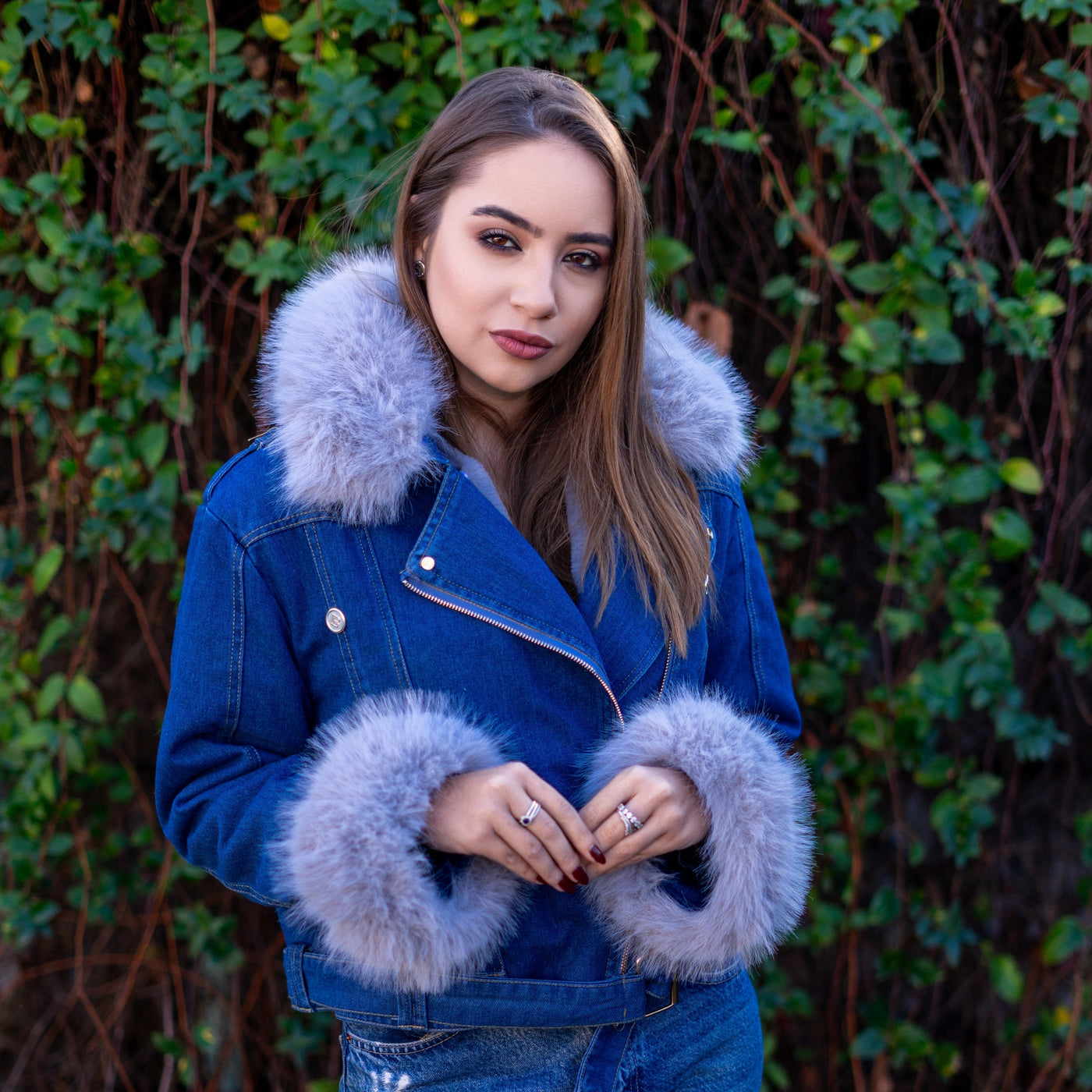 Finja | Kunstpelzkragen Denim Jacke