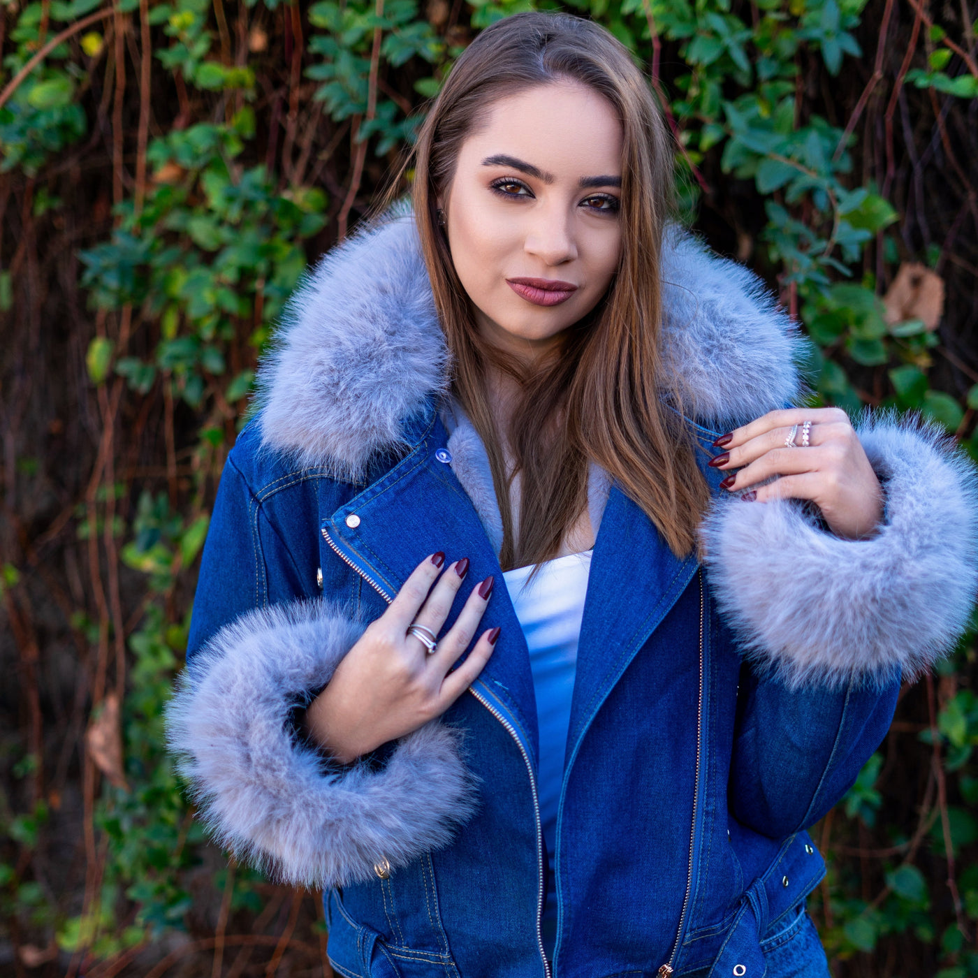 Finja | Kunstpelzkragen Denim Jacke