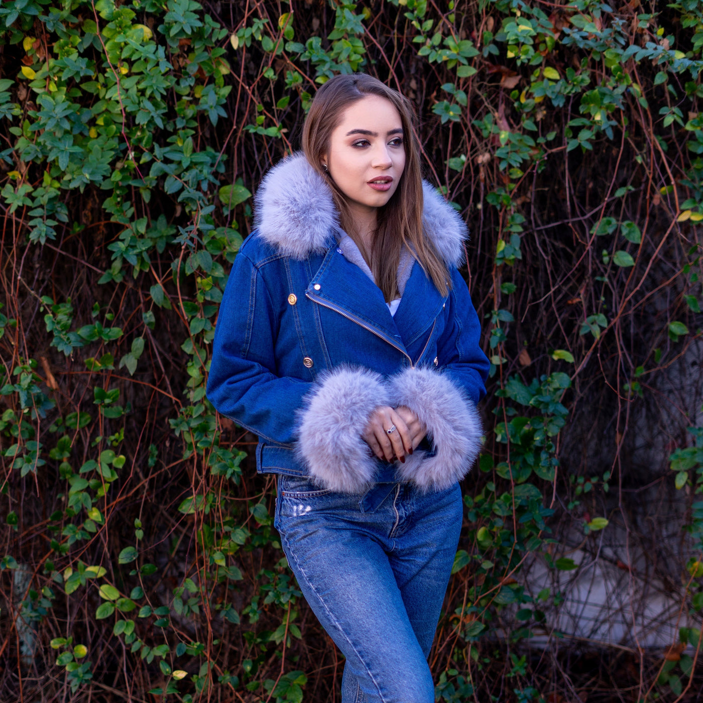 Finja | Kunstpelzkragen Denim Jacke