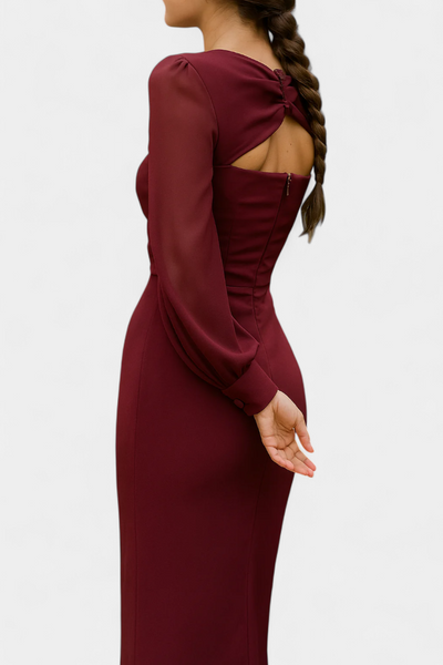 Julissa Midi-Kleid in Burgunderrot mit gebundenem Detail und offenem Rücken