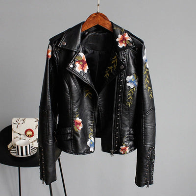Bestickte Damen Kunstlederjacke im Bikerstil – Eleonora
