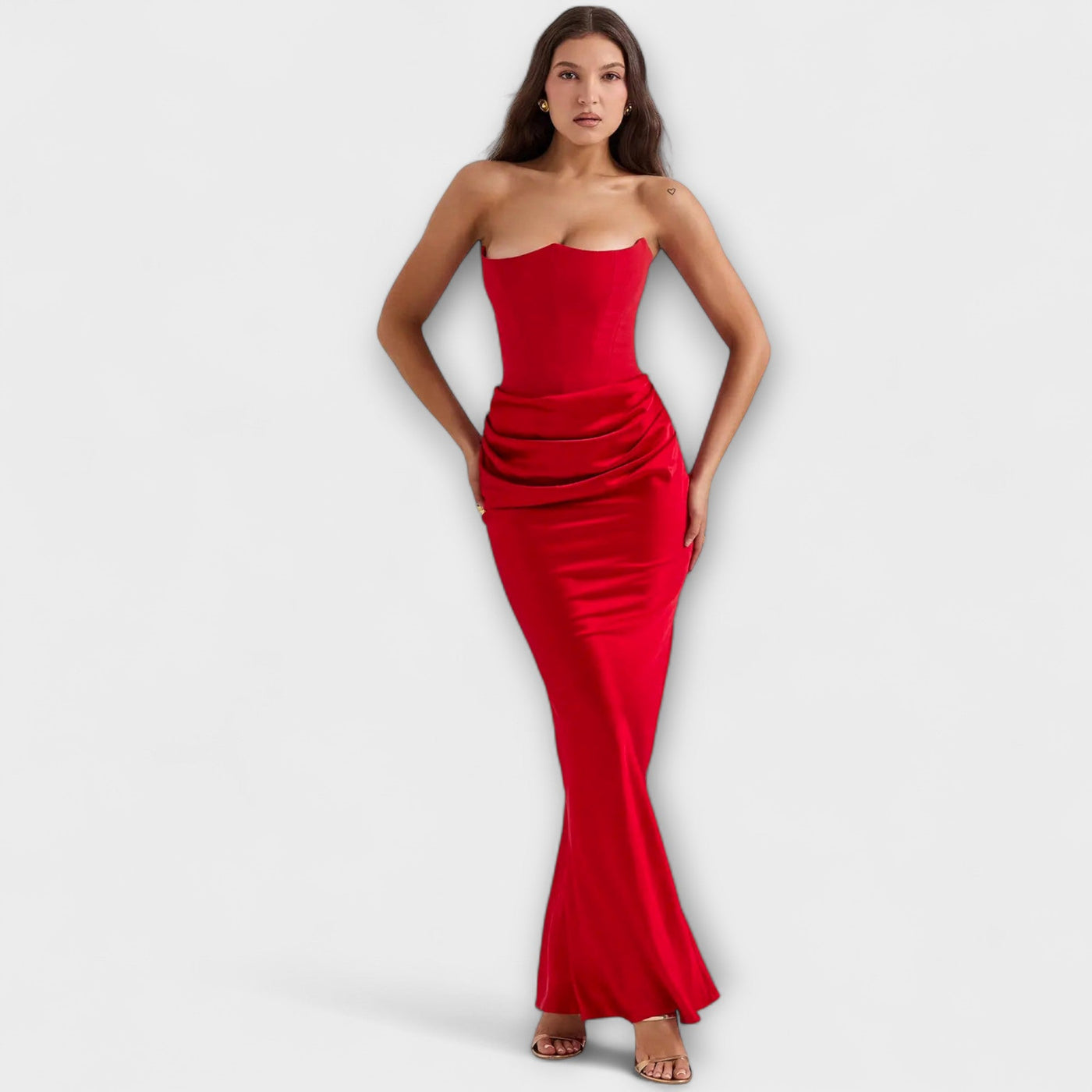 Maxi-Kleid aus Satin ohne Träger mit Drapierung