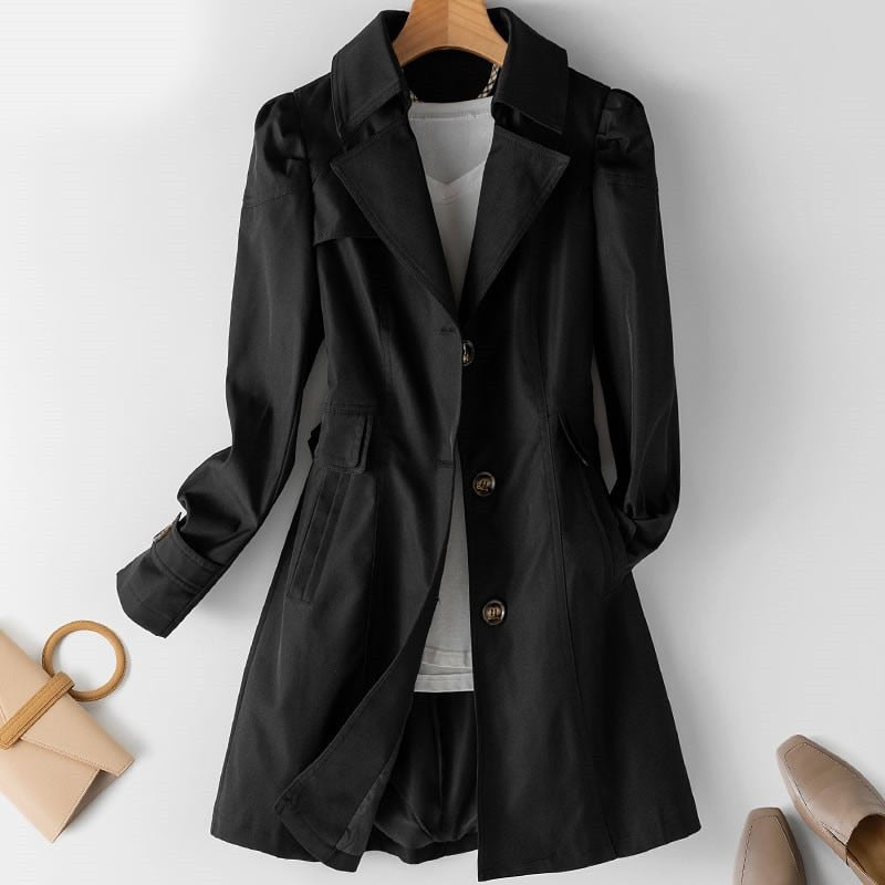 Akira | Damen Trenchcoat Schwarz | Lange Übergangsjacke